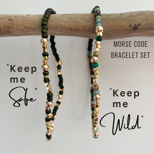 'Keep Me Wild' + 'Keep Me Safe' Morse Code Bracelet Set